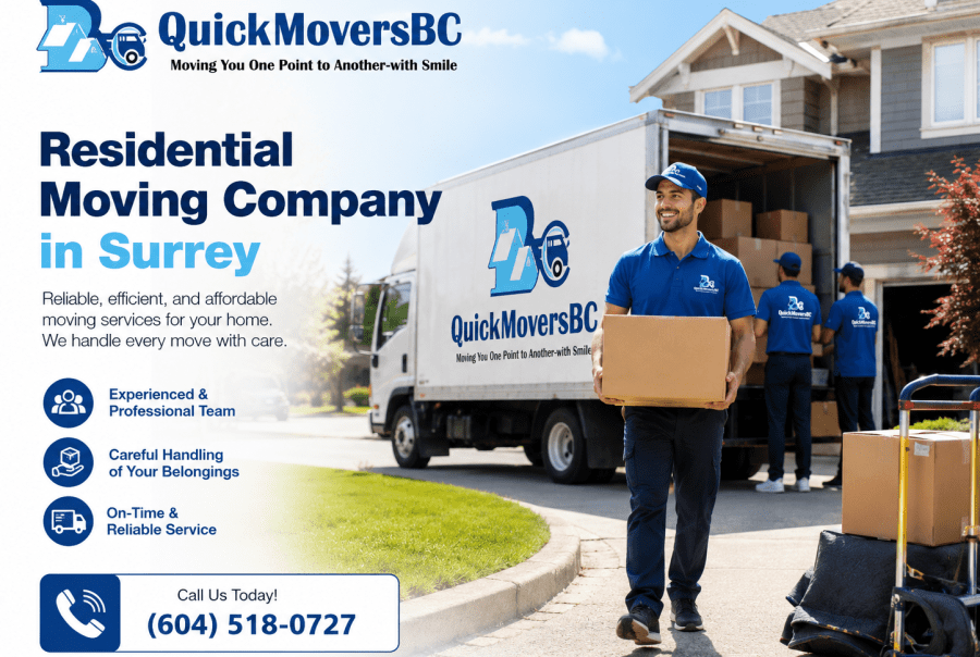 Reliable residential moving company in Surrey packing and transporting furniture